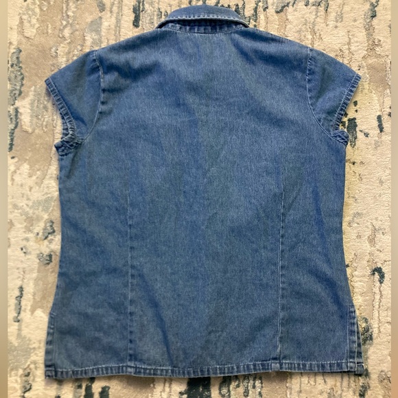 A11 Maggie Max Pearl Snap Button Up Shirt VTG Cap Sleeve Top Denim Blue Jean PS - Picture 5 of 9